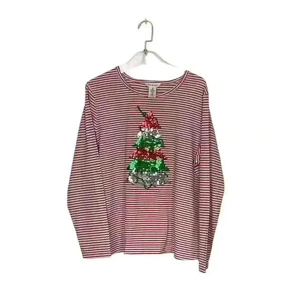 Sophia Janye SIZE-1X Sequined Christmas Tree Red/White Striped Top - Picture 1 of 4